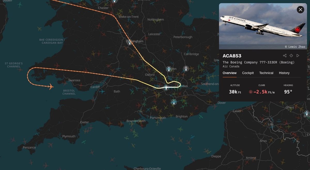A flight tracking map showing the route taken by the plane