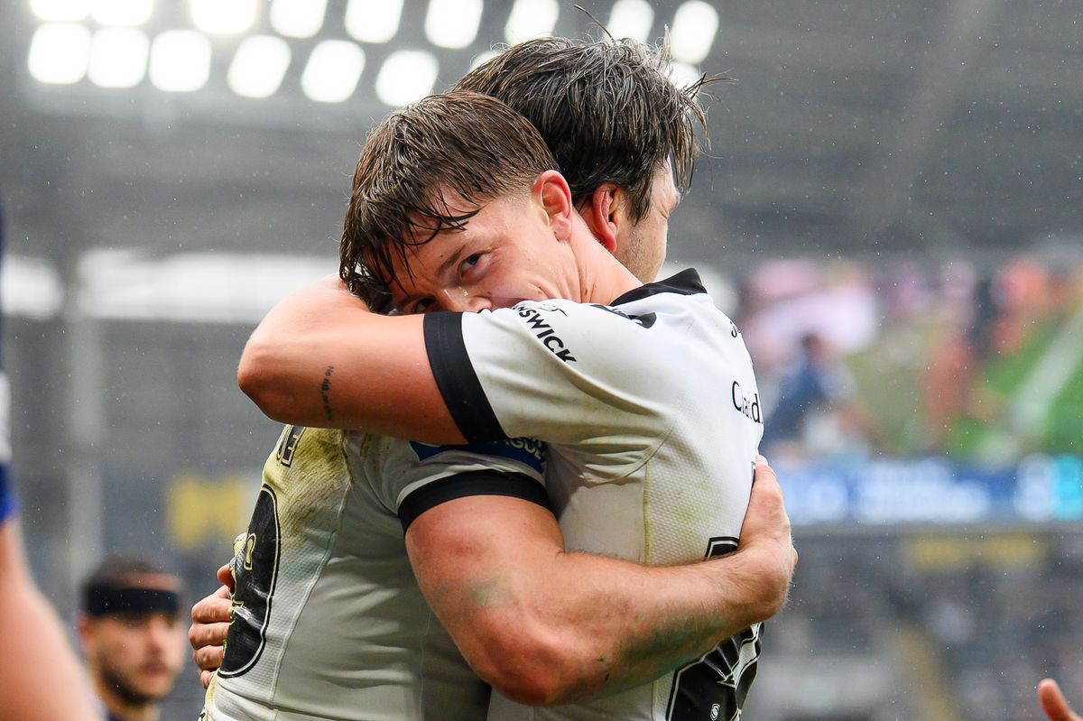 Hull FC full-back Logan Moy celebrates a Tom Briscoe try.