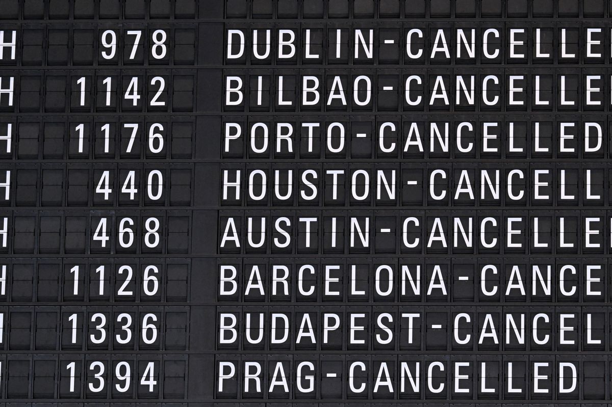 A flight information display shows cancelled international flights of German airline Lufthansa at Frankfurt Airport, Frankfurt am Main, western Germany, on March 12, 2026, as pilots for Lufthansa are on strike called by pilots' union Vereinigung Cockpit over a pensions dispute. The strike will affect Lufthansa Cargo and passenger flights "departing from German airports between 00:01 local time on March 12, 2026 and 23:59 local time on March 13, 2026", the union said. However, flights to several key Middle East destinations will be excluded from the industrial action "in light of the current situation" in the region, according to the statement. (Photo by Kirill KUDRYAVTSEV / AFP via Getty Images)