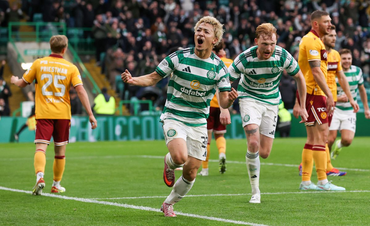 Celtic's Daizen Maeda celebrates as he scores to make it 3-2 during a William Hill Premiership match between Celtic and Motherwell at Celtic Park, on October 05, 2025,