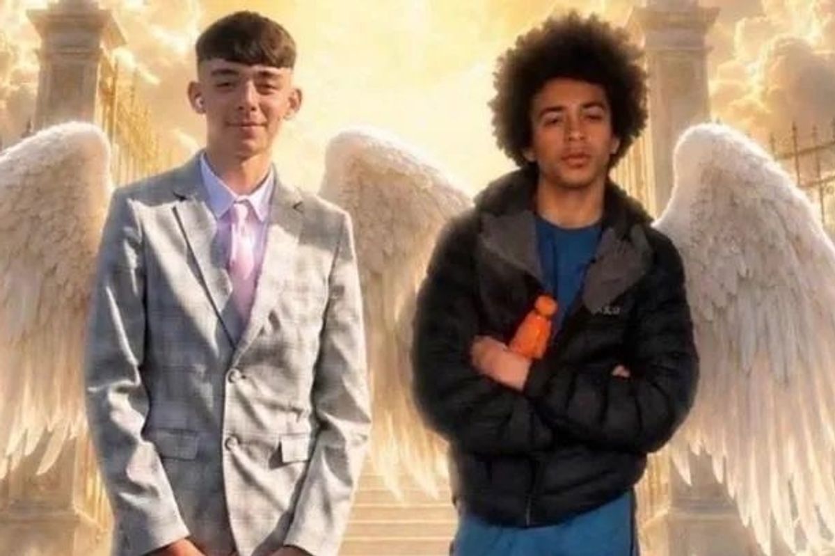 Two young men super imposed onto an image to give them angel wings