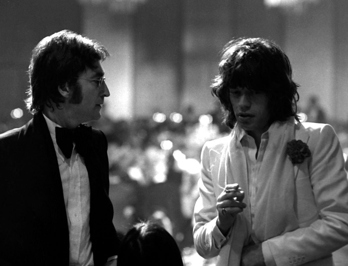 Mick Jagger and John Lennon attend Second Annual American Film Institute Lifetime Achievement Awards Honoring James Cagney on March 13, 1974 at the Century Plaza Hotel in Century City, California
