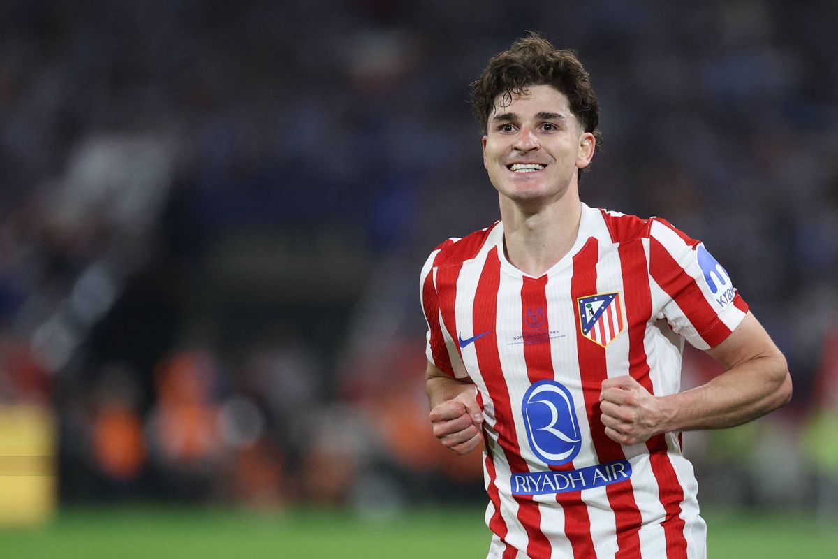 Atletico Madrid's Argentine forward #19 Julian Alvarez celebrates scoring his team's second goal during the Copa del Rey (King's Cup) final football match between Club Atletico de Madrid and Real Sociedad at La Cartuja stadium in Seville on April 18, 2026.