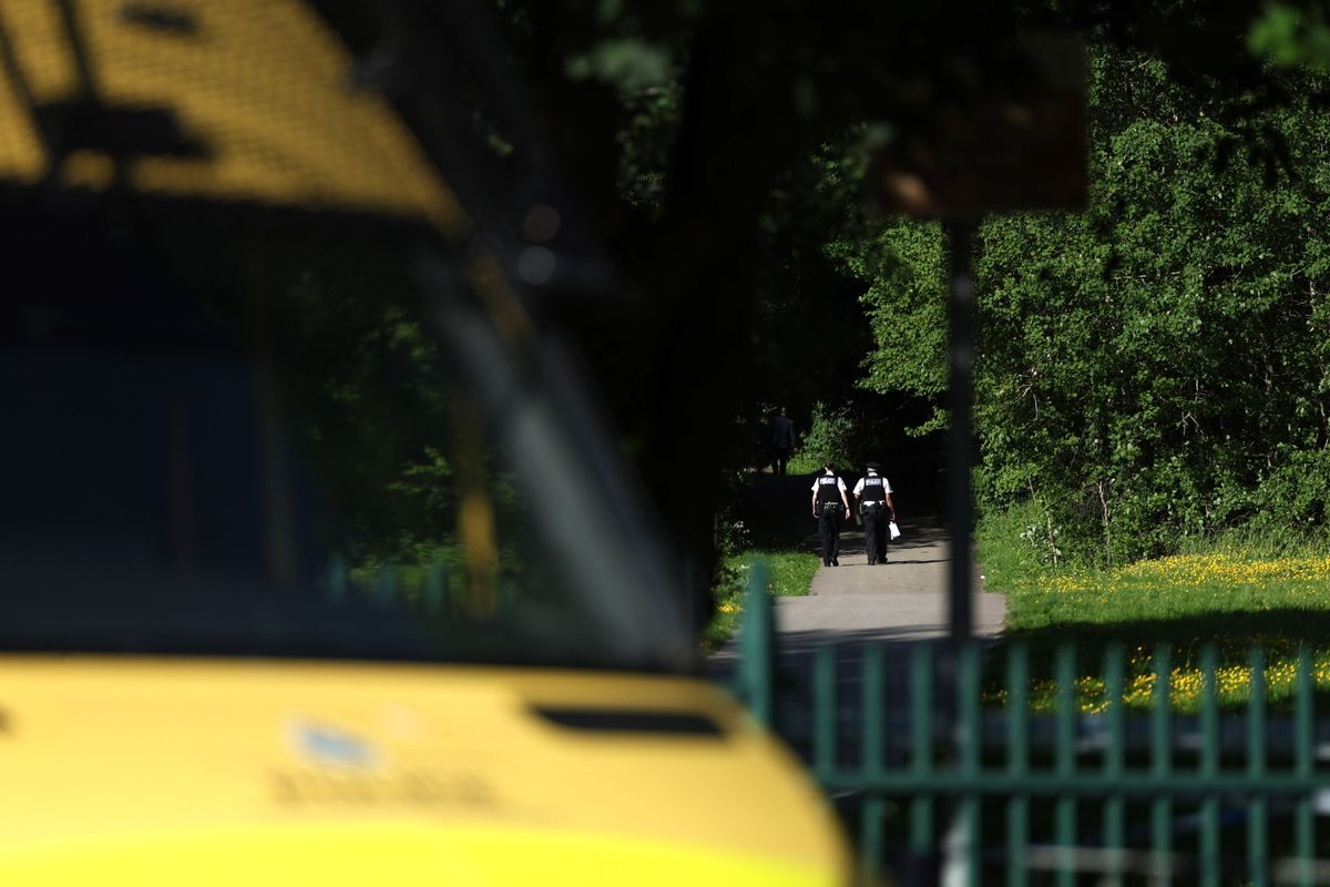 The scene in Stadt Moers park where two men were found with gunshot wounds