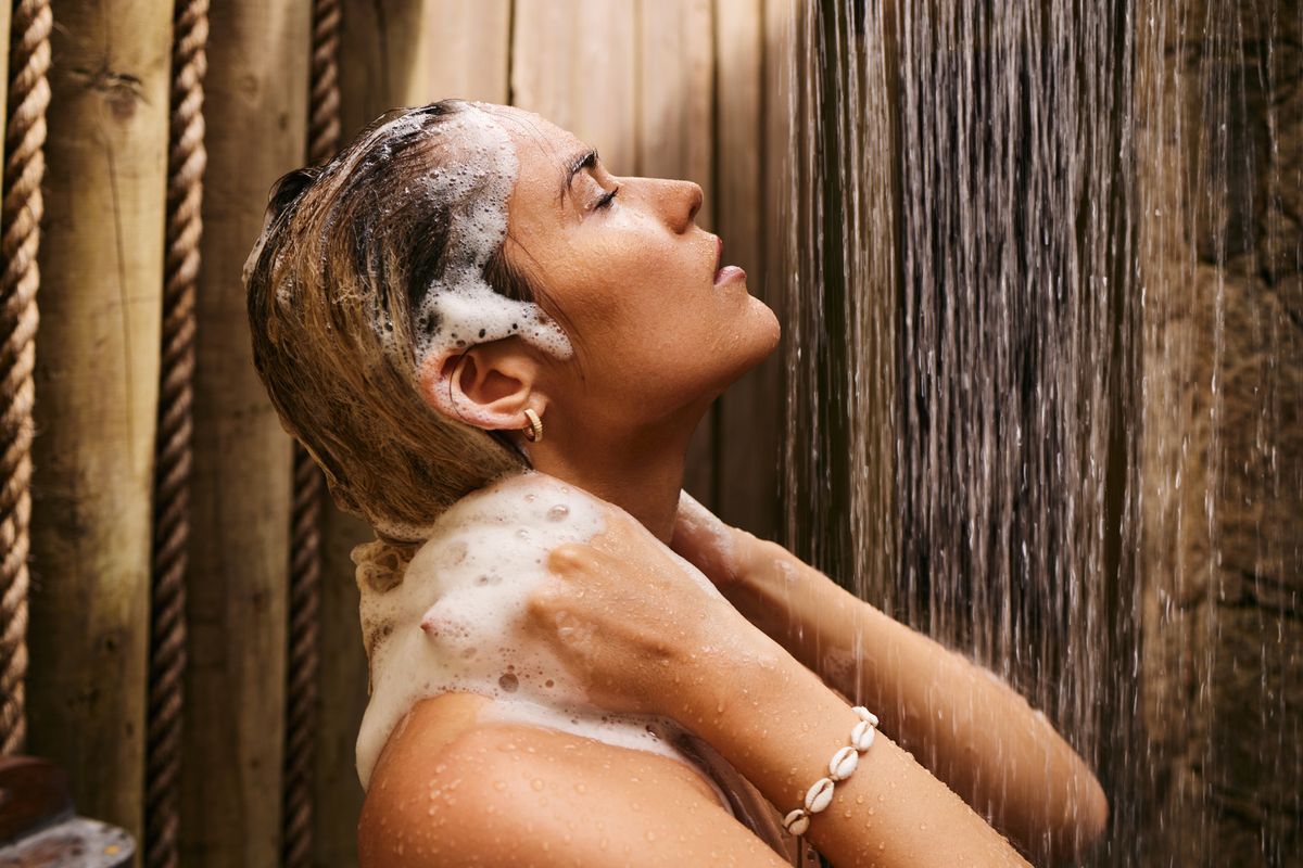 woman showering