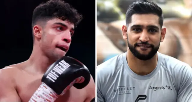 Abdul Khan (left) holds up his hand and is wearing a black boxing glove and Amir Khan (right) is wearing a grey t-shirt