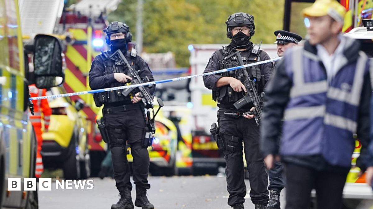 Armed police at the scene, with police vehicles in the background.