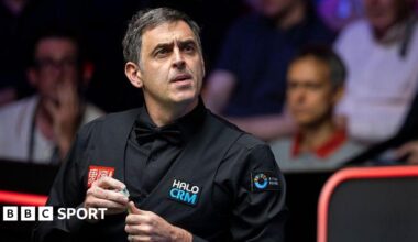 Ronnie O'Sullivan prepares to play a shot during his first-round match at the 2026 World Snooker Championship