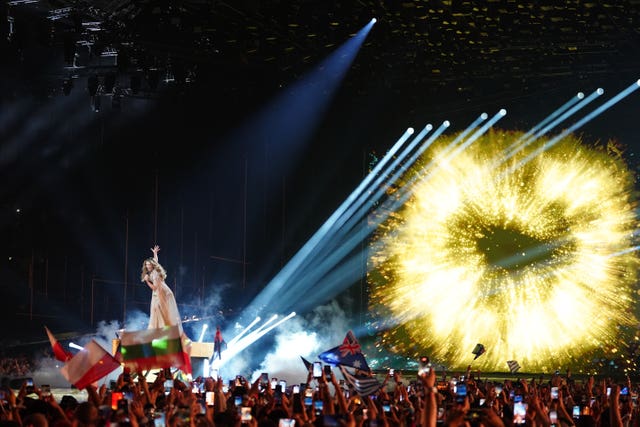 Delta Goodrem representing Australia performs the song Eclipse during the grand final for the Eurovision Song Contest in the Wiener Stadthalle in Vienna, Austria