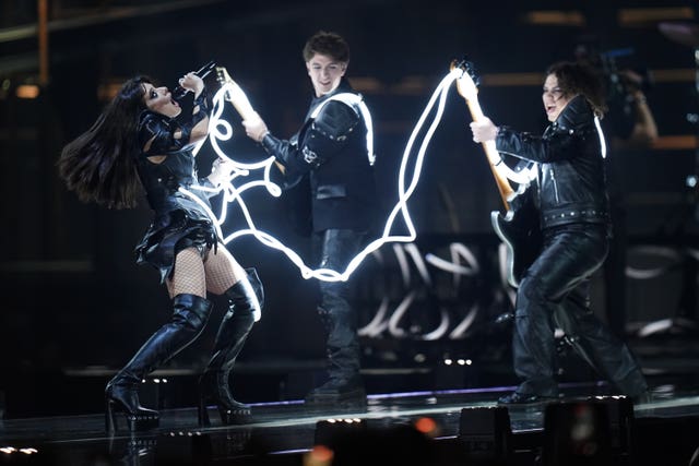 Alexandra Capitanescu, representing Romania, performs the song Choke Me during the grand final of the Eurovision Song Contest in the Wiener Stadthalle in Vienna, Austria