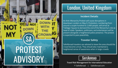 Anti-Monarchy protesters will demonstrate in large numbers at Trafalgar Square in London, United Kingdom on May 9.