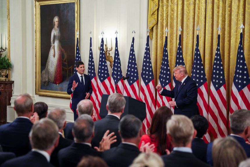 President Donald Trump arrives with incoming Federal Reserve Chair Kevin Warsh for Warsh's swearing-in ceremony at the White House in Washington, DC, on May 22.