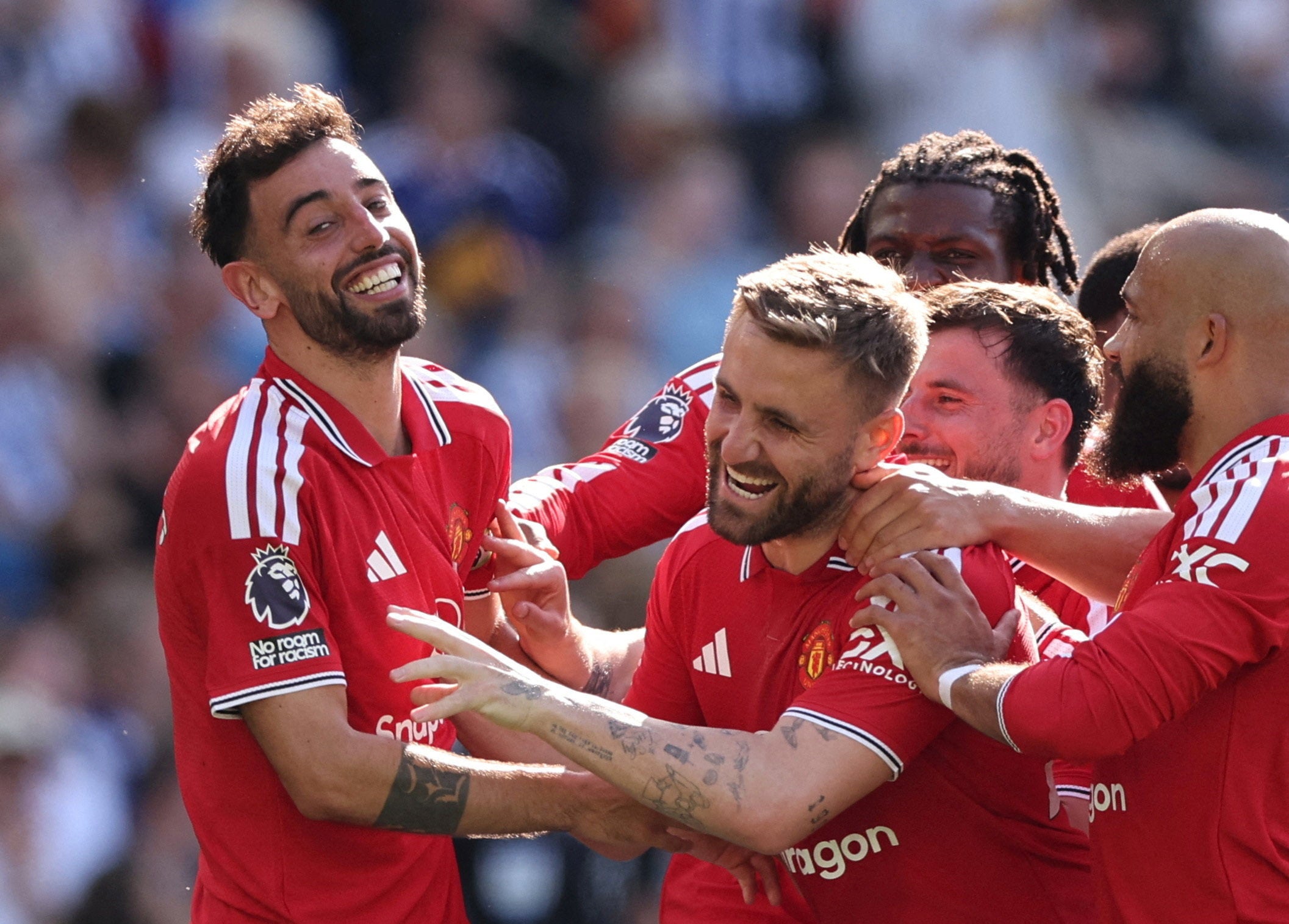 Manchester United's Bruno Fernandes celebrates scoring against Brighton