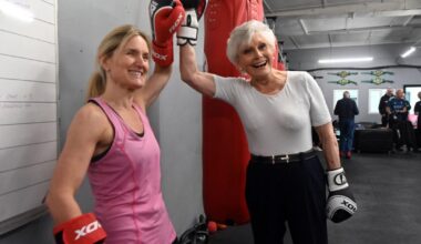 Angela Rippon takes part in boxing session near Bradford