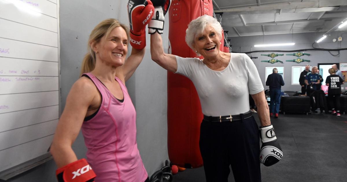Angela Rippon takes part in boxing session near Bradford