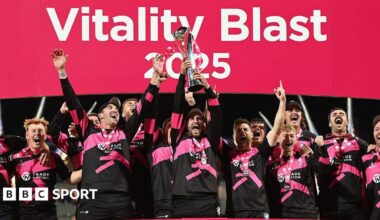 Somerset skipper Lewis Gregory lifts the T20 Blast trophy at Edgbaston in September 2025.