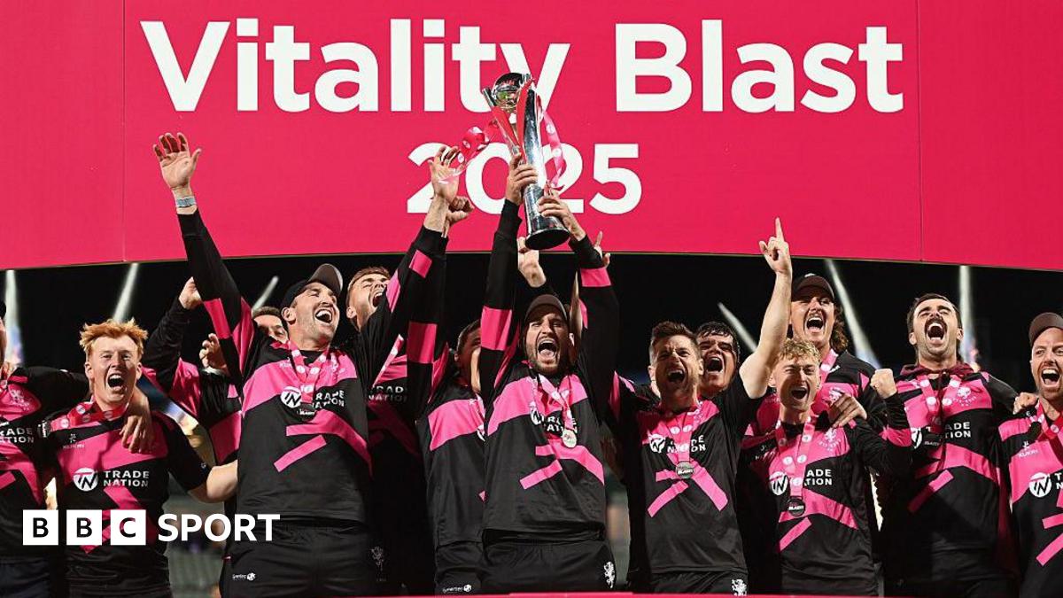 Somerset skipper Lewis Gregory lifts the T20 Blast trophy at Edgbaston in September 2025.
