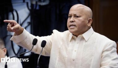 Philippine senator Ronald Bato Dela Rosa speaks from a podium on the Senate floor