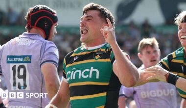 George Furbank holds up one finger after scoring the winning try for Northampton Saints against Gloucester
