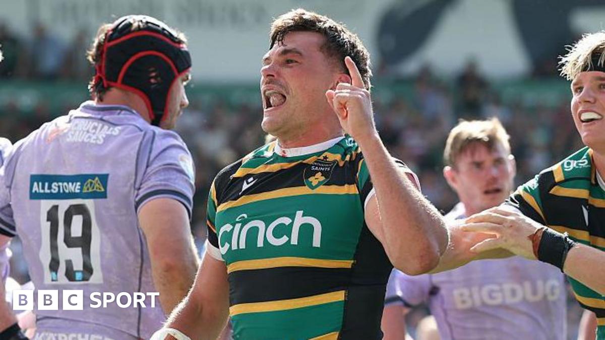 George Furbank holds up one finger after scoring the winning try for Northampton Saints against Gloucester
