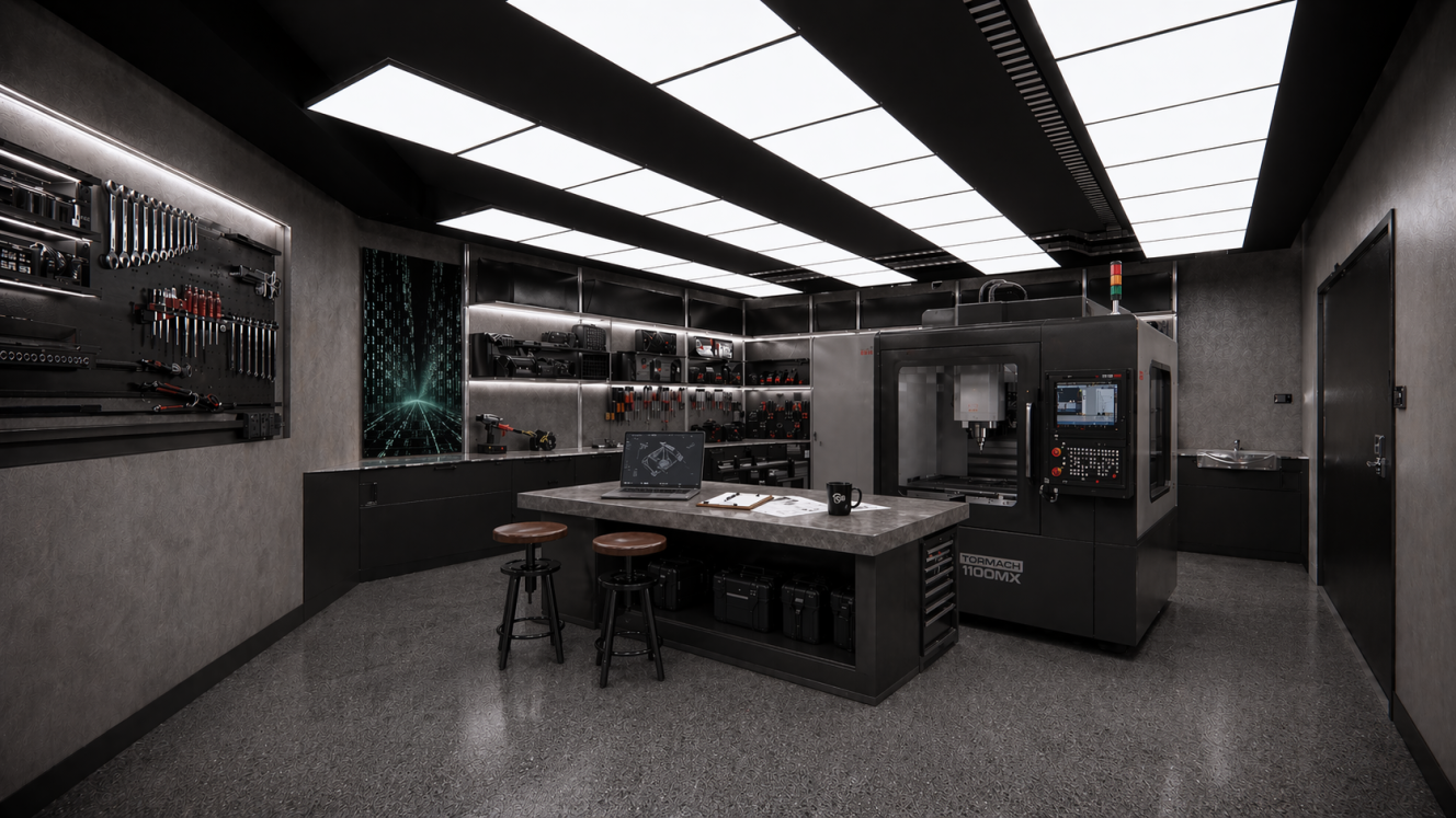 Illustration of a high-tech workshop with a milling machine and tools.