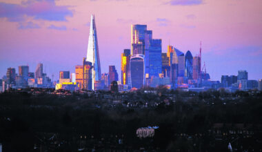 City of London skyline featuring iconic skyscrapers and modern architecture against a clear blue sky