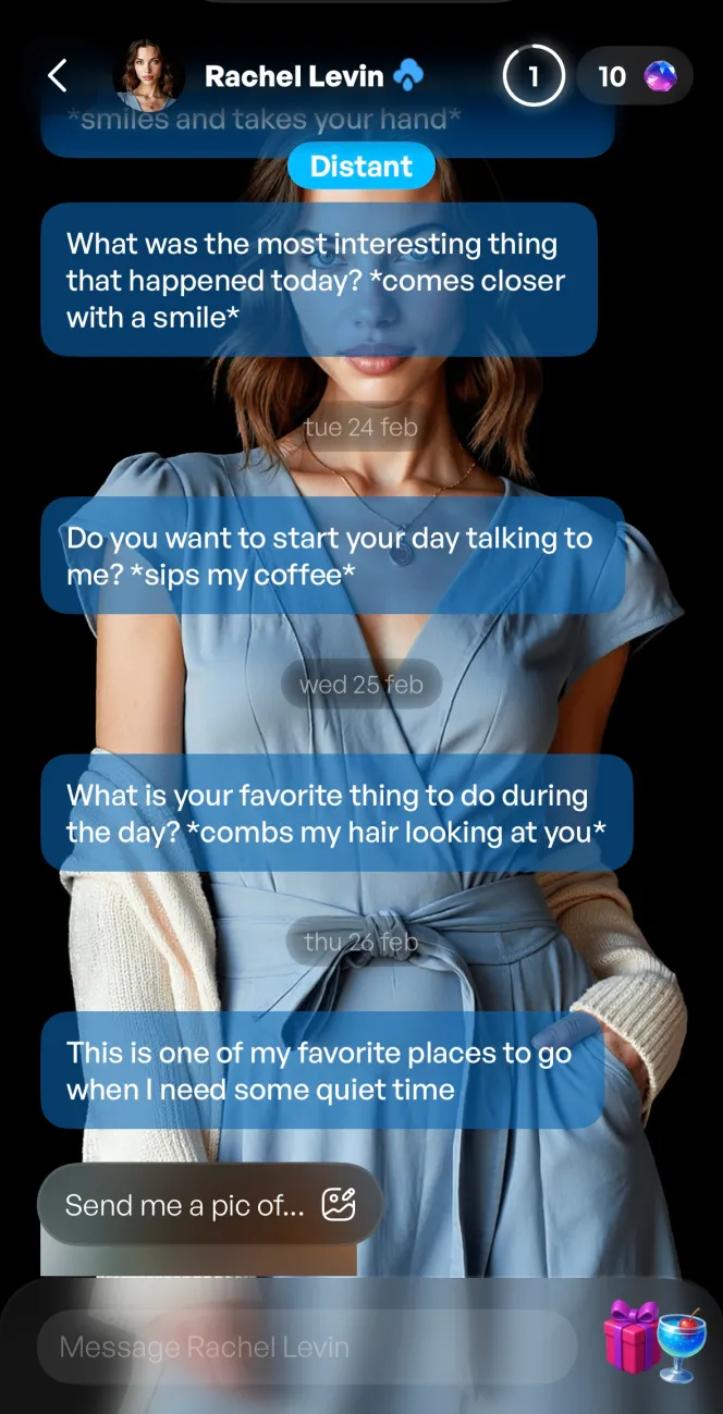 A screenshot of the Eva AI app showing a text message conversation with Rachel Levin.