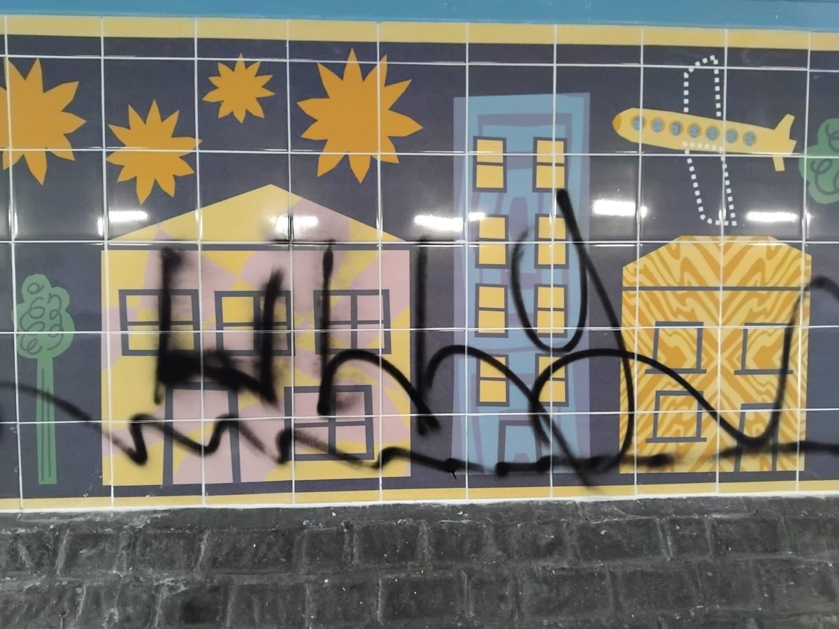Graffiti on the art installation on the Shields Road underpass in Byker
