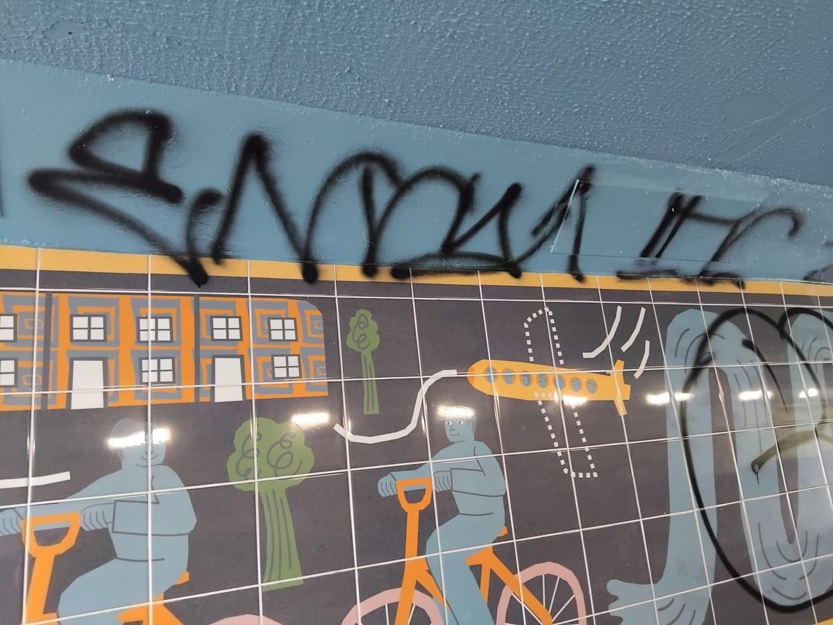 Graffiti on the art installation on the Shields Road underpass in Byker