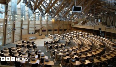 An empty Holyrood chamber - several rows of pine desks are arranged in a semi-circle facing the presiding officer's lectern at the front, while soft light streams in from above.