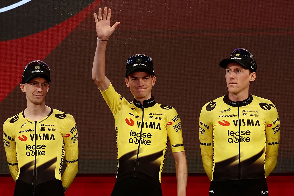 Team Visma Lease a Bike US rider Sepp Kuss waves during the team presentation in Burgas, on May 6, 2026, two days before the departure of the Giro d'Italia 2026
