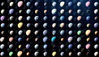 An artist's illustration showing dozens of potential exoplanets in a grid