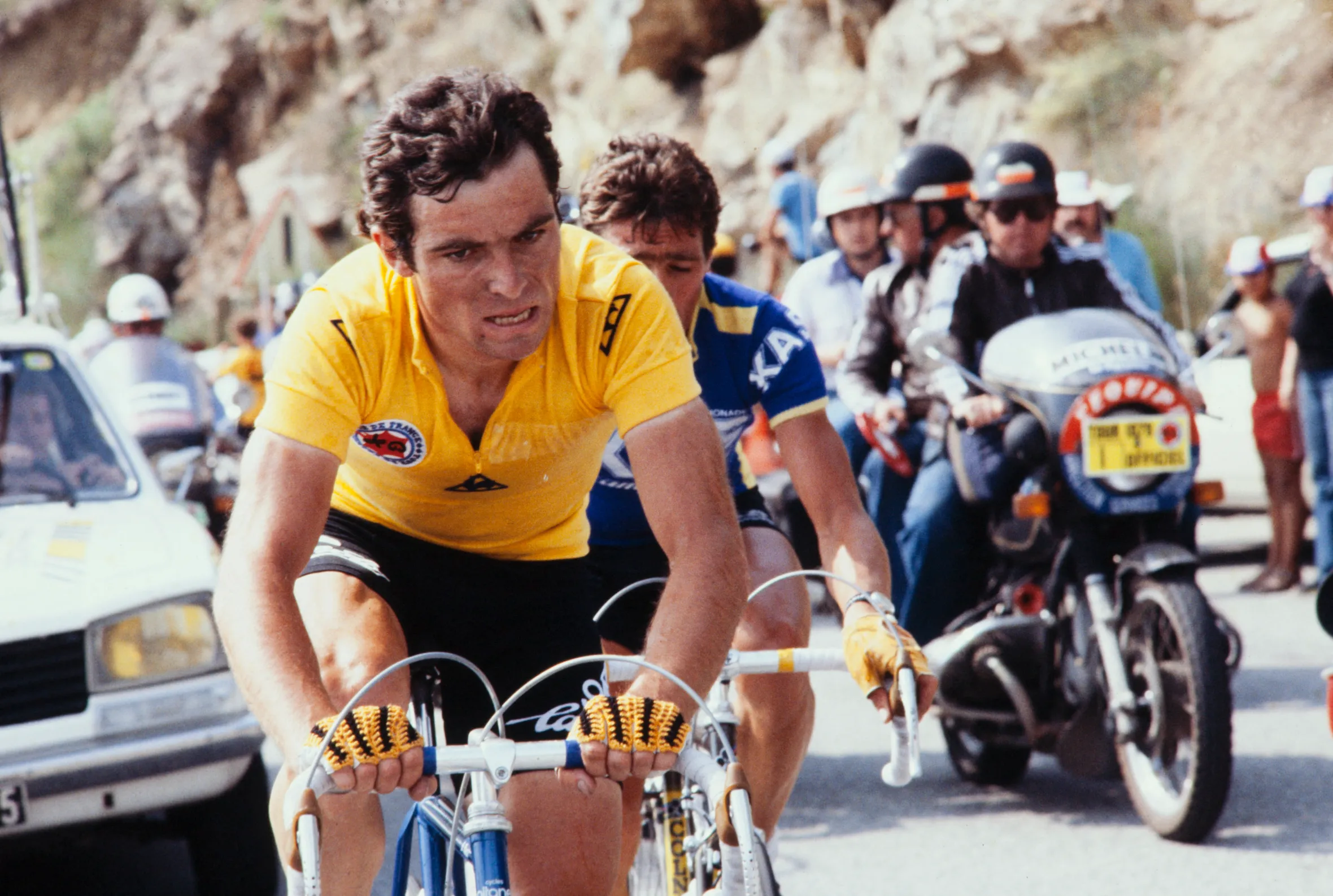 Bernard Hinault wearing the leader's yellow jersey during the 18th stage of the 66th Tour de France in 1979.