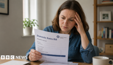 A woman looks fretfully at a letter titled 'Domestic Rates Bill'. She has medium length brown hair and is sat at a desk.