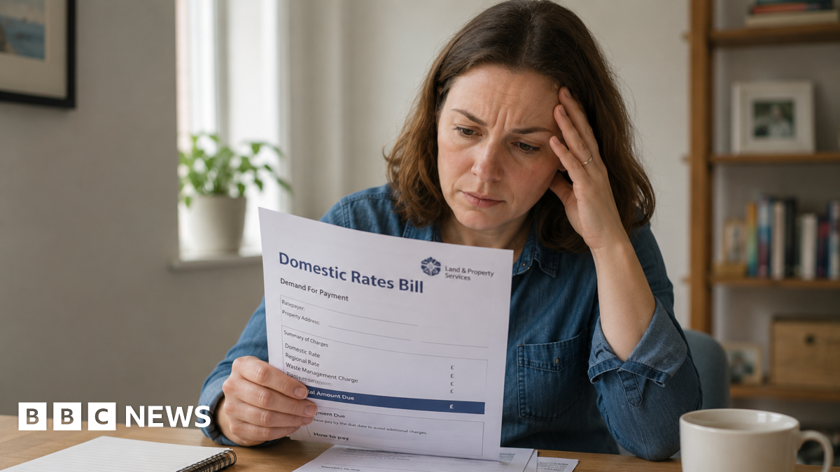 A woman looks fretfully at a letter titled 'Domestic Rates Bill'. She has medium length brown hair and is sat at a desk.