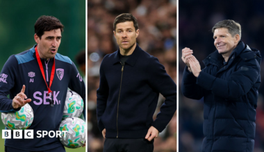 Split image of Chelsea's managerial candidates. Andoni Iraola (left), wearing a blue half-zip jumper with purple details holds three white, grey and green footballs under his arms and points his right index finger up as he issues instruction. Xabi Alonso (centre), wearing all black, stands on the touchline with the crowd blurred in the background. Oliver Glasner (right), smiling and wearing a dark blue puffer coat, applauds the crowd.