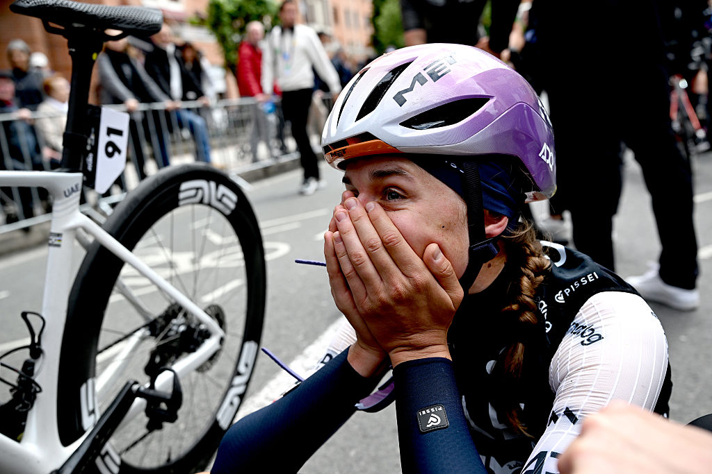 AMOREBIETA-ETXANO, SPAIN - MAY 16: Stage winner Dominika Wlodarczyk of Poland and UAE Team ADQ reacts after the 5th Itzulia Women 2026, Stage 2 a 138km stage from Abadino to Amorebieta-Etxano / #UCIWWT / on May 16, 2026 in Amorebieta-Etxano, Spain. (Photo by Szymon Gruchalski/Getty Images)