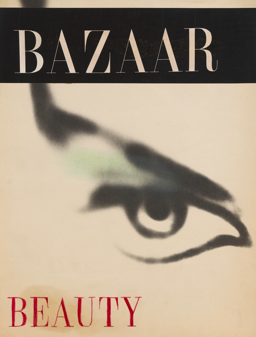 Magazine cover featuring the word 'BAZAAR' and 'BEAUTY' with an artistic eye illustration.