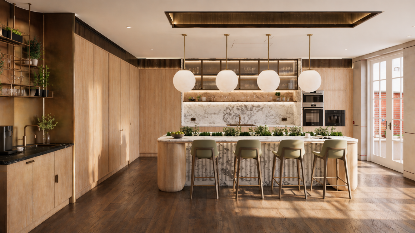 Illustration of a luxurious modern kitchen with wooden cabinets, a large marble island with integrated plants, and four pendant lights.