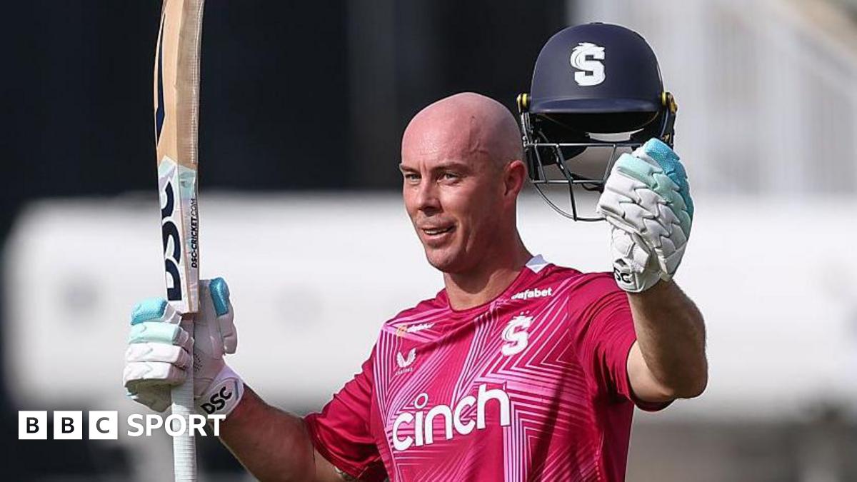 Northamptonshire batter Chris Lynn raises his bat and helmet as he celebrates scoring a century against Warwickshire, at Edgbaston on Sunday 31 May 2026