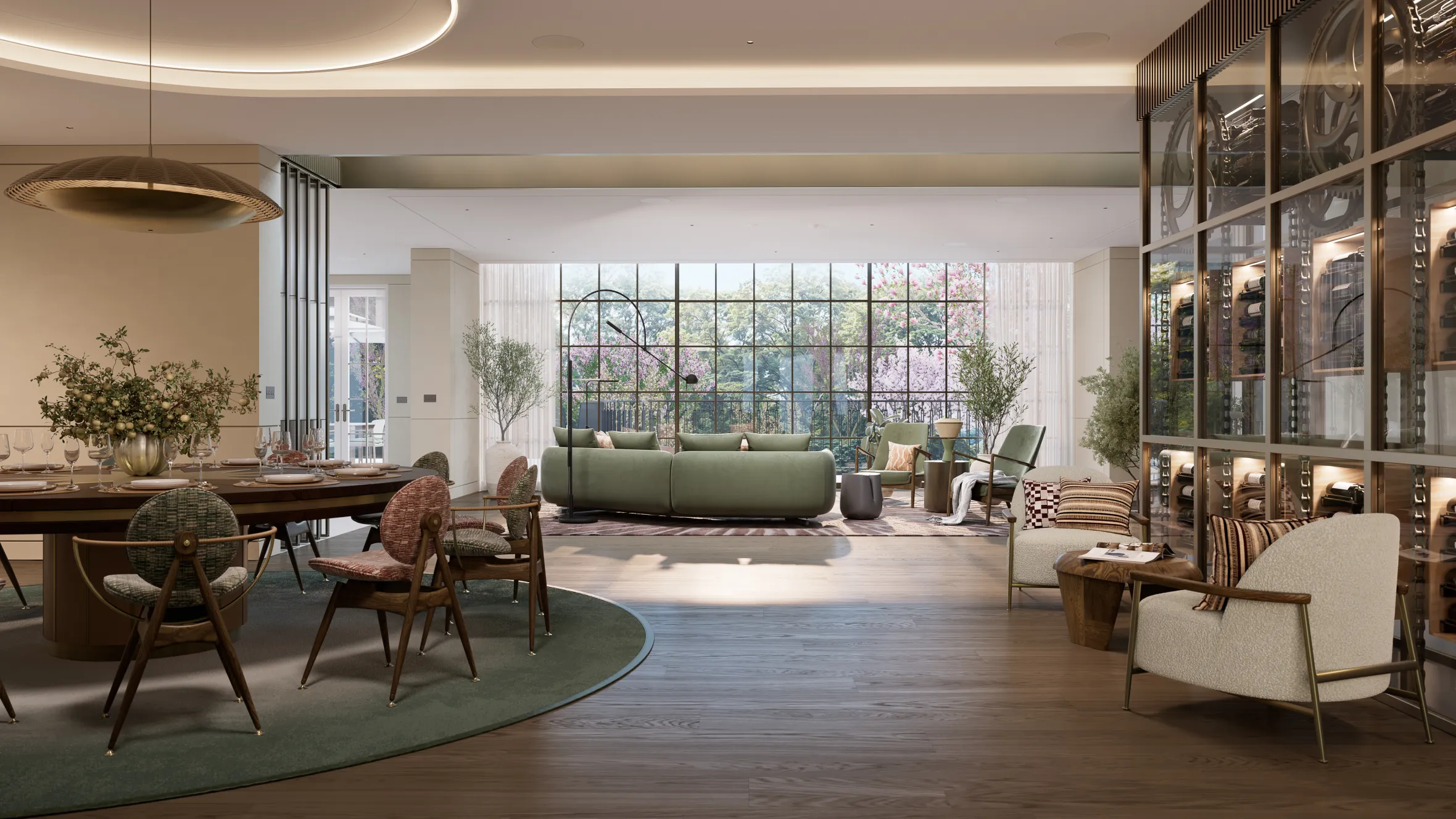 Illustration of a modern living room with dining area and floor-to-ceiling windows overlooking a garden.
