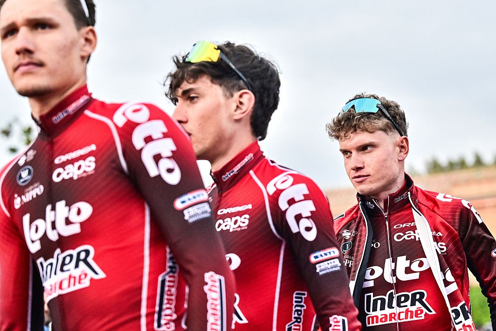 Belgian Lennert Van Eetvelt of Lotto Intermarche pictured during the team presentations ahead of the 'Strade Bianche' one day cycling race from and to Siena, Italy, Friday 06 March 2026. BELGA PHOTO DIRK WAEM (Photo by DIRK WAEM / BELGA MAG / Belga via AFP)