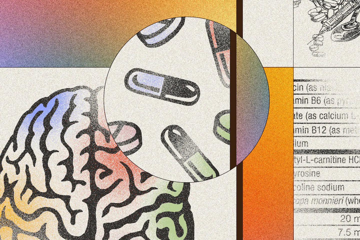 A brain juxtaposed with pills and rainbow textures