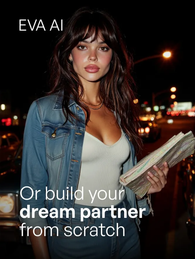 Illustration of a woman in a denim jacket at night, with text "EVA AI" and "Or build your dream partner from scratch."