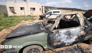 File photo showing a burned-out car following what Palestinians said was an attack by Israeli settlers in the Wadi al-Lubban al-Shamali area, south of Nablus, in the occupied West Bank (6 April 2026)