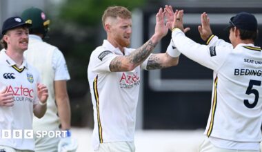 Ben Stokes celebrates taking the wicket of Ben Lategan
