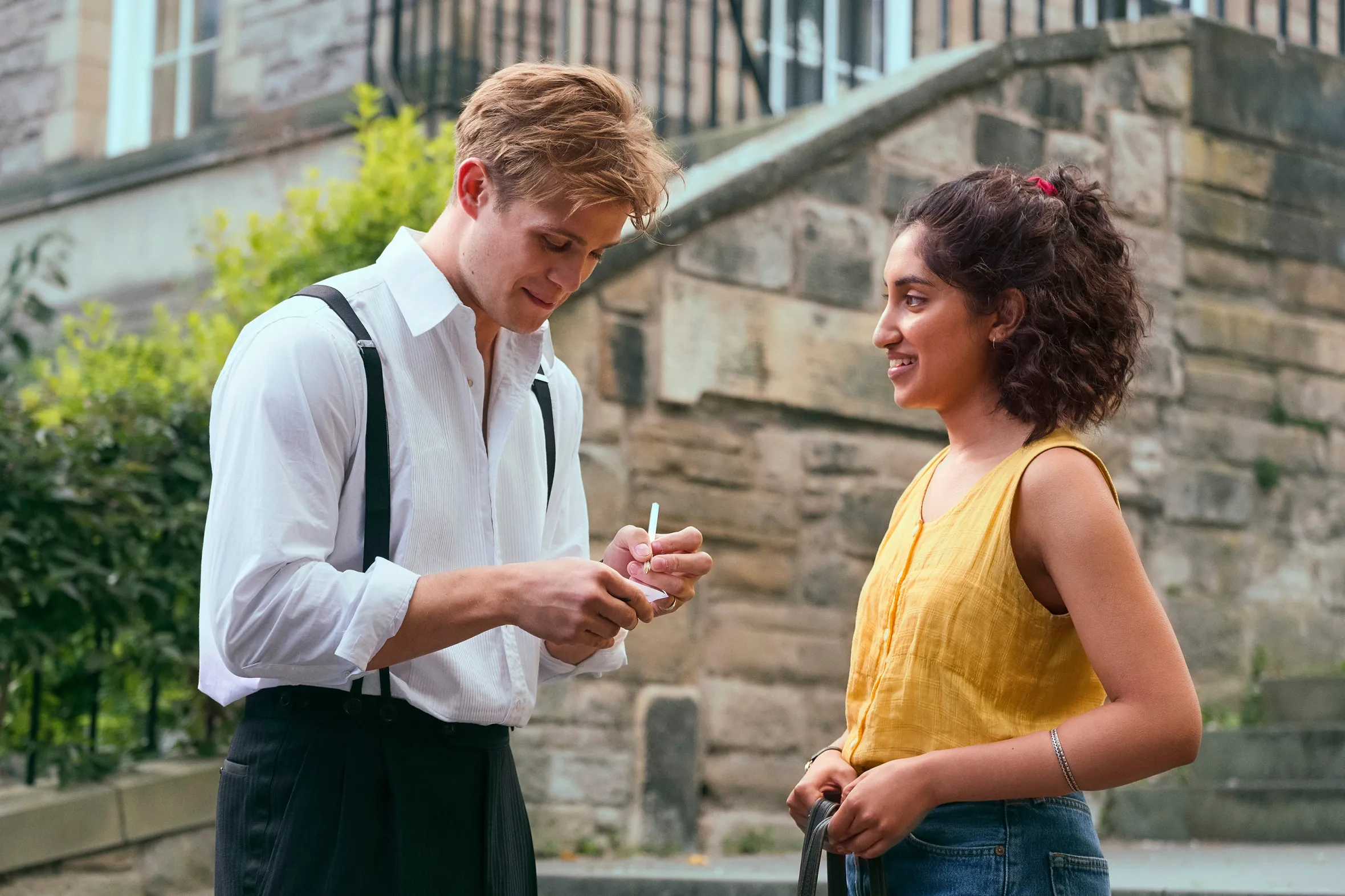 Ambika Mod and Leo Woodall in a scene from the mini-series "One Day."
