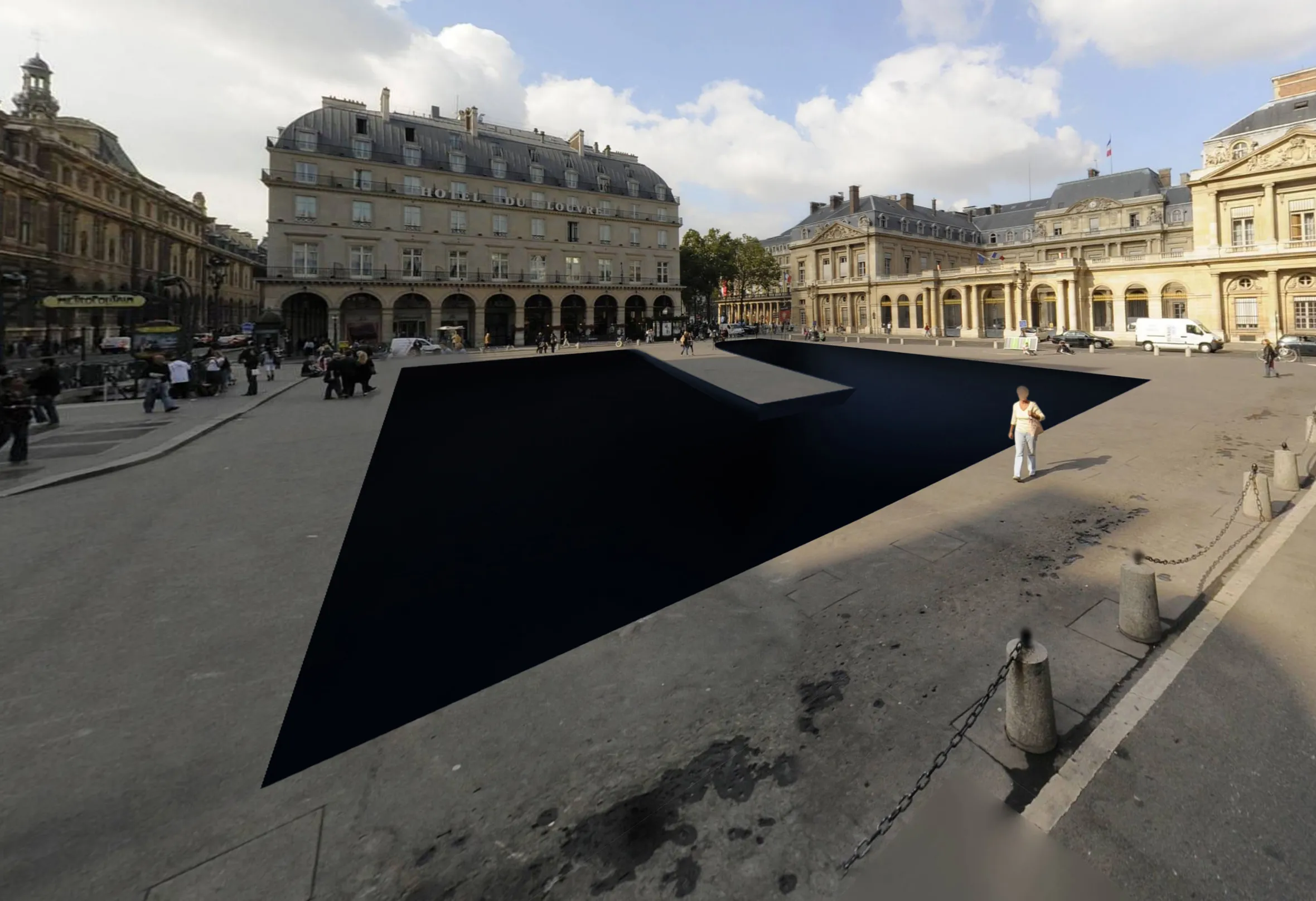 Digital render of a black, triangular void in a city square, surrounded by buildings and people, with a woman walking along its edge.