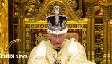 King Charles wearing a crown and sitting on a gold throne in white ermine robes
