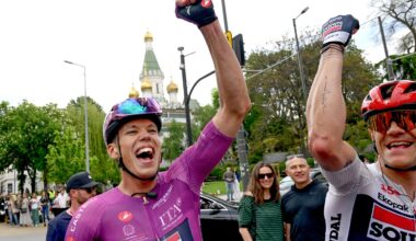 SOFIA, BULGARIA - MAY 10: Stage winner Paul Magnier of France and Team Soudal Quick-Step - Purple Points Jersey reacts after the 109th Giro d'Italia 2026, Stage 3 a 175km stage from Plovdiv to Sofia / #UCIWT / on May 10, 2026 in Sofia, Bulgaria. (Photo by Dario Belingheri/Getty Images)